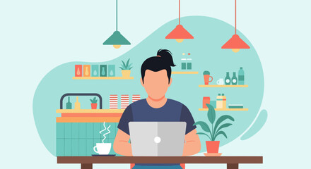 Person working on laptop in cafe, perfect for website banners or blog posts about remote work.