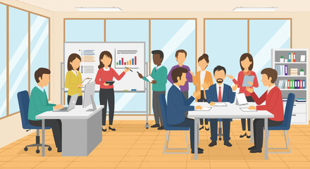 Diverse business team brainstorming in modern office, ideal for presentations about teamwork and collaboration.