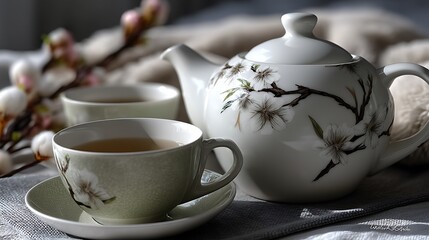 Fototapeta premium Elegant Floral Tea Set with Teacup with Teapot, and Blossoms on a Cozy Linen Background.