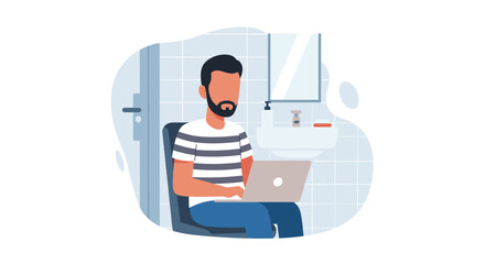 Man working on laptop in bathroom - Illustration for blog, website or article about remote work.
