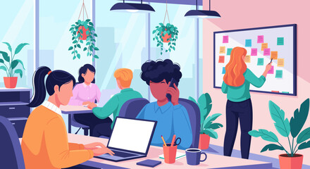 Diverse team collaborating in a modern office, perfect for website banners or business presentations.