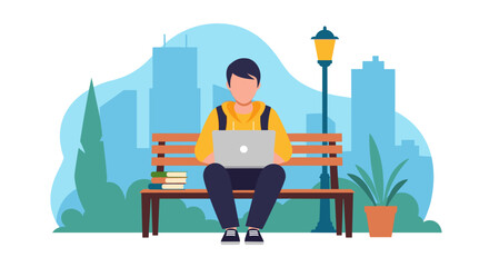 Young man working on laptop in city park, ideal for blog, website or presentation.