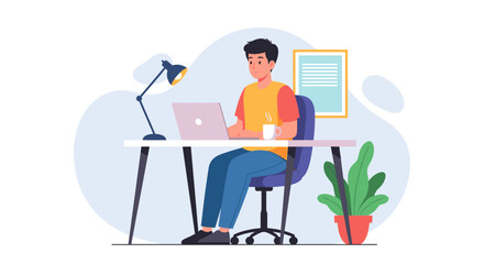 Illustration of a man working on his laptop at his desk, perfect for website banners or blog posts about remote work.