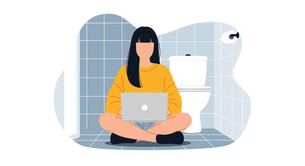 Woman working on laptop in bathroom - Illustration for articles about work-life balance, remote work challenges.
