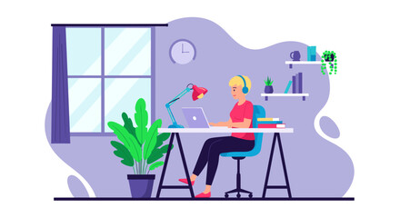 Young woman working from home on laptop, perfect for website banners or blog posts about remote work.