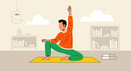 Man practicing yoga at home, perfect for wellness websites or brochures.