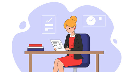 Businesswoman reviewing financial report at her desk, perfect for websites, presentations, or brochures.