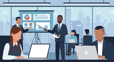 Diverse business team in a modern office giving a presentation with charts and graphs. Perfect for websites, reports, and presentations.