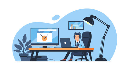 Smiling businessman working on laptop and desktop computer in modern office, perfect for business website or brochure.
