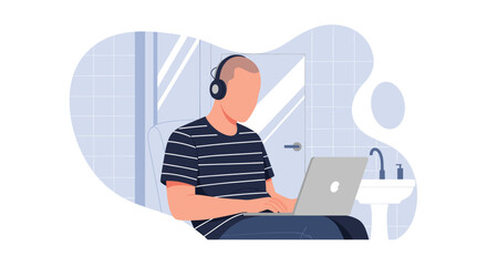 Man working on laptop in bathroom, ideal for remote work, freelance, or work-life balance articles.