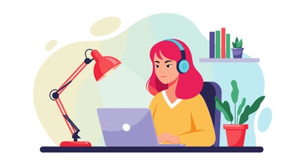Young woman working from home on laptop, wearing headphones.  Perfect for blogs, websites, and marketing materials about remote work.