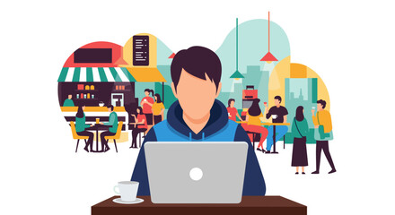 Person working on laptop in a busy cafe, ideal for blog posts about remote work or coffee shop culture.