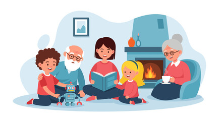 Happy multigenerational family reading a book together by a fireplace. Perfect for family, togetherness, and warmth concepts.