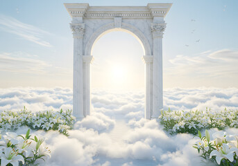 Obraz premium Heaven's Gate White Marble Archway Above Clouds with Flowers and Sun, Spiritual Symbolism, Tranquil Scene.