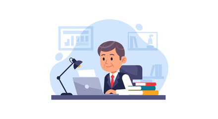 Smiling businessman working on laptop in office, perfect for business website or presentation.