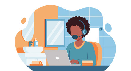 Person working from home in bathroom, using laptop and headset. Perfect for remote work, work-life balance, and flexibility articles.