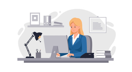 Businesswoman working at her desk, perfect for website banners or business brochures.
