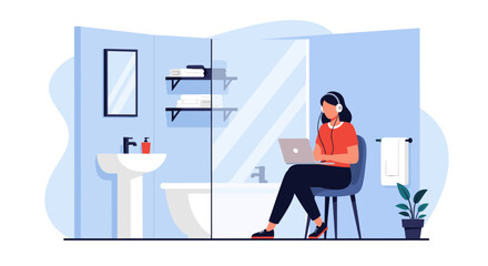 Woman working on laptop in modern bathroom, perfect for articles on work-life balance or remote work.