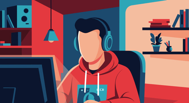 Person wearing headphones, using a computer, at home - perfect for blogs about gaming, technology, or work from home.