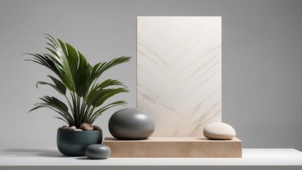 A minimalist still life featuring plants, stones, and a marble tile on a white table against a neutral background