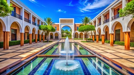 Luxury Resort Courtyard with Fountain and Arches in Marrakech Morocco