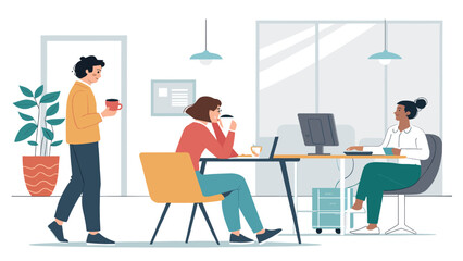 Modern office workers collaborating and taking coffee breaks, ideal for website banners or brochures.