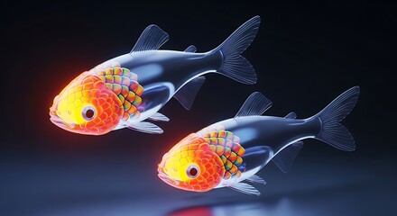 Two translucent fish with colorful heads swimming in dark water with subtle light reflections