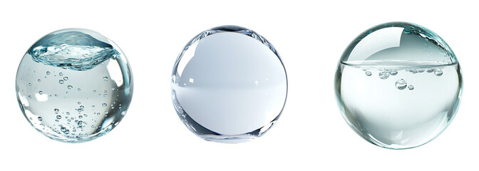 A collection of water molecules featuring clear water spheres isolated on a transparent background. PNG