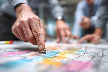 Obraz premium Business people having a meeting and pointing at a business plan during a brainstorming session