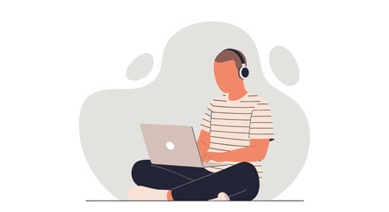 Person with headphones working on laptop, ideal for website banners or blog posts about remote work.
