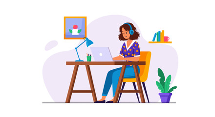 Young woman working from home on laptop, perfect for remote work, freelance, or online education websites and brochures.