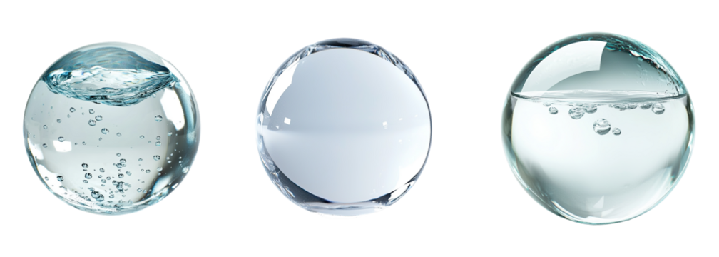 A collection of water molecules featuring clear water spheres isolated on a transparent background. PNG - Powered by Adobe