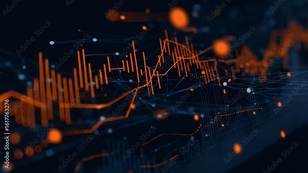 Poster a dark blue background with glowing data visualization charts and graphs, creating an atmosphere of 