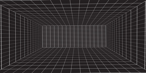 Futuristic perspective grid box. Abstract wireframe with white grid line on black background. Virtual reality landscape in 80s 90s digital style. Vector