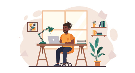 Man working from home on laptop, perfect for remote work, freelance, or work-life balance illustrations.