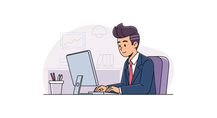 Businessman working on computer in office, perfect for website banners or business presentations.