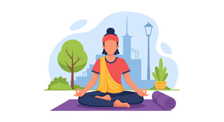 Woman meditating in a park, perfect for wellness websites or mindfulness brochures.
