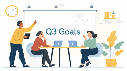 Team brainstorming Q3 goals in modern office - perfect for presentations or reports.