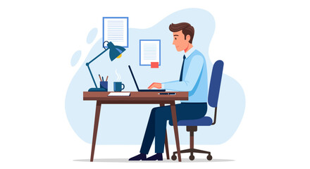 Businessman working on laptop at his desk. Perfect for websites, presentations, and marketing materials.