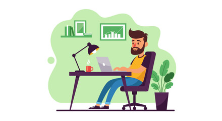 Man working from home on laptop, perfect for remote work, freelance, or home office website/blog.