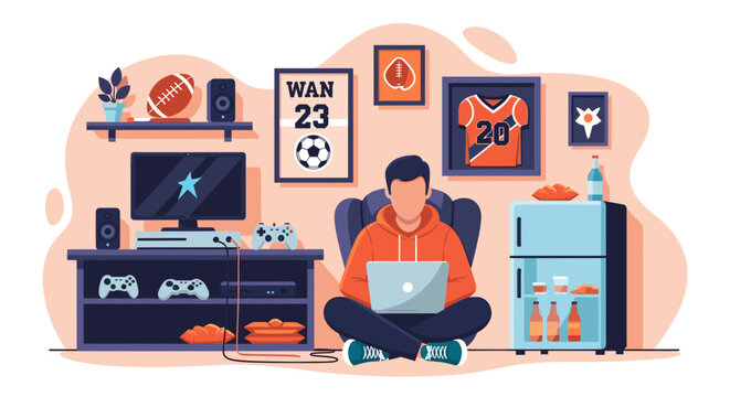 Young man working from home in a gaming room, perfect for blog posts about remote work or gaming lifestyle.