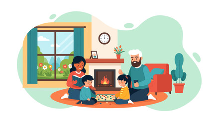 Happy family playing board games at home, perfect for family blogs, websites, and advertisements.