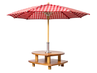 Red and white gingham umbrella over a wooden picnic table and bench isolated on transparent background