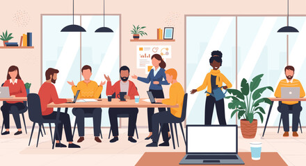 Diverse team collaborating in a modern office, perfect for illustrating teamwork, innovation, and company culture for websites and presentations.