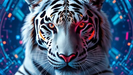 Close up of a white tiger with glowing orange eyes and futuristic digital background elements