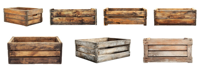 Set of wooden crates for fruit, vegetables, and fish, isolated on a transparent background. PNG