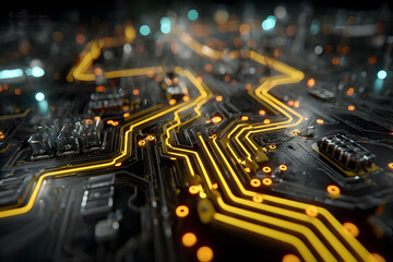 Neon lights highlight intricate pathways on a circuit board