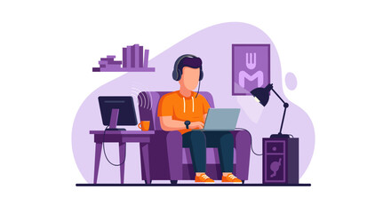 Person working from home, using laptop and headphones. Perfect for blog posts, websites, or articles about remote work.