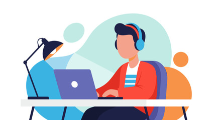 Person working on laptop with headphones, ideal for blog posts about remote work or online learning.