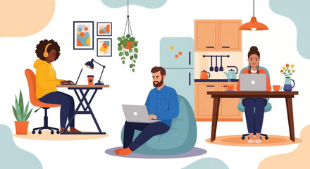 Remote Work Team Collaboration: Diverse Professionals Working from Home, Perfect for Landing Pages and Brochures